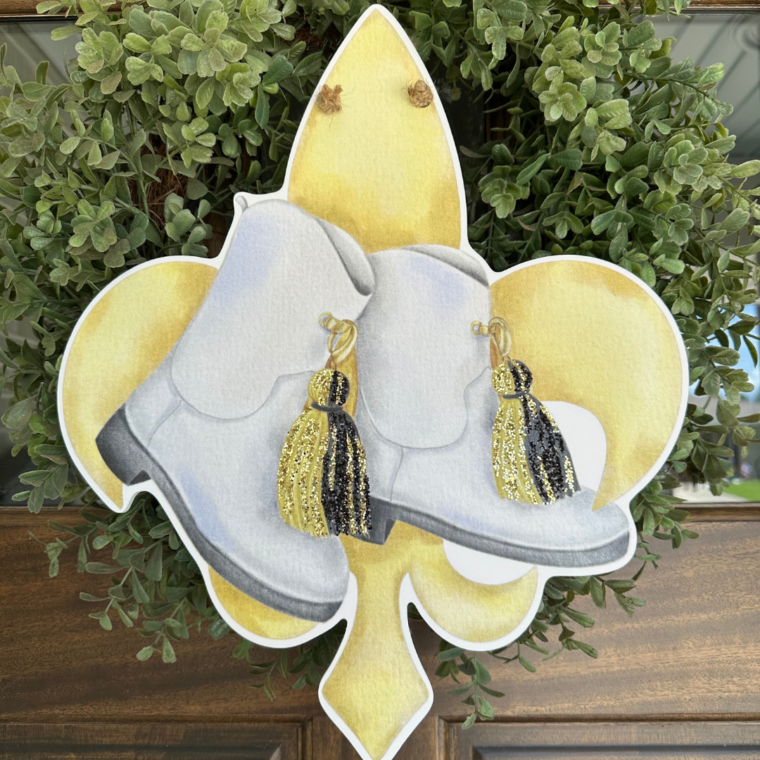When The Saints Go Marching In Fleur-de-Lis Door Hanger with majorette boots and black and gold tassels