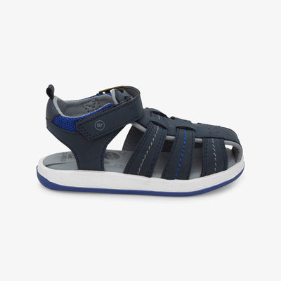 Side view of the Stride Rite Paddy Sandal in navy, showing its flexible, lightweight design for toddlers and kids