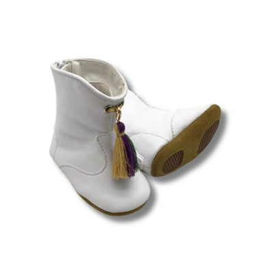 Infant White Majorette Boots with Colorful Mardi Gras Tassels