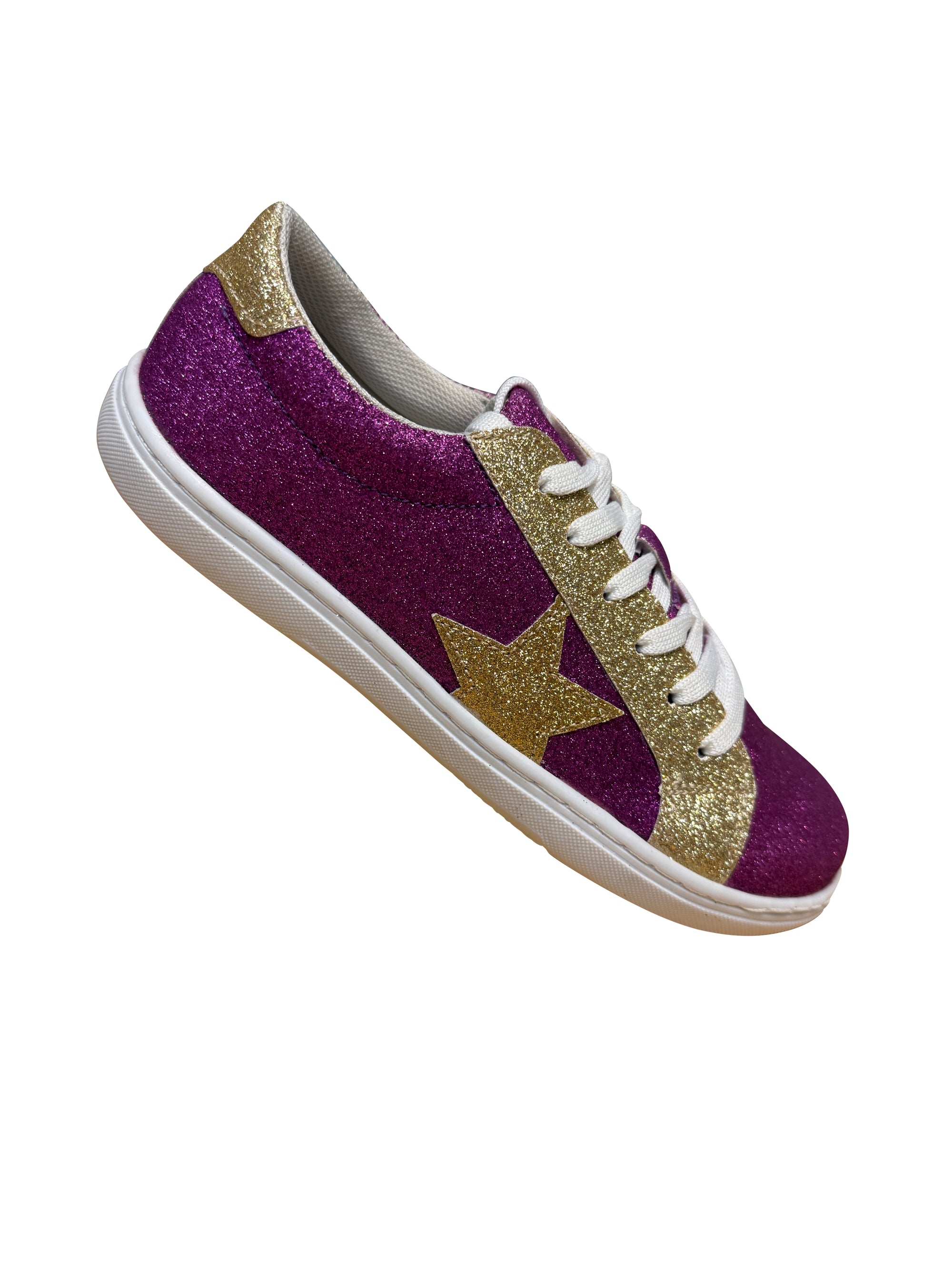 Purple sneaker with gold star design on a white background
