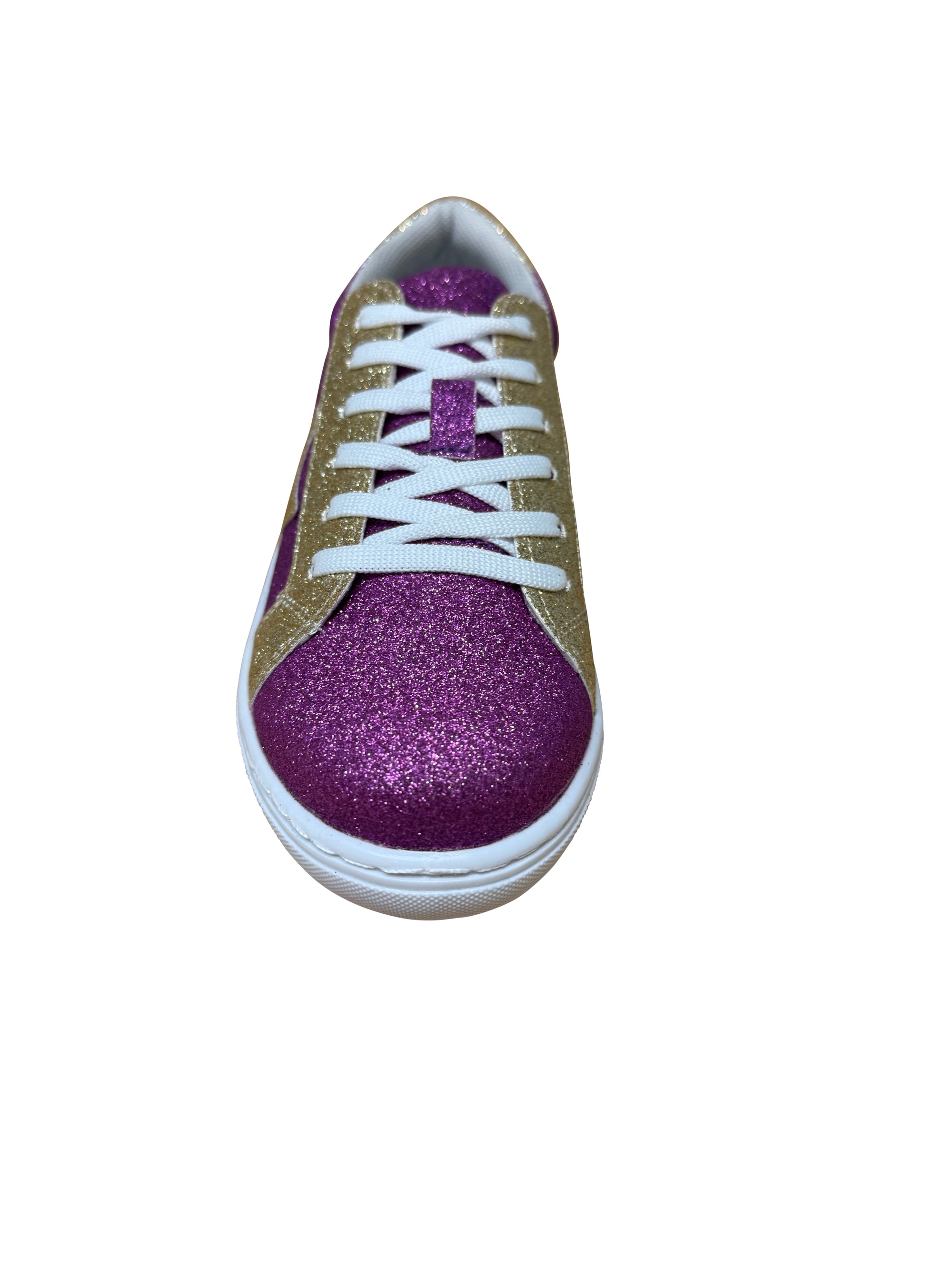 Purple glitter sneaker with gold accents on a white background