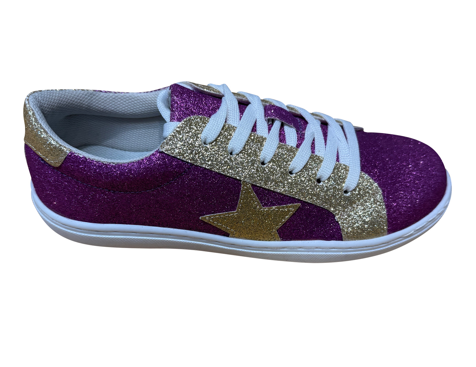 Purple glitter sneaker with a gold star on a white background