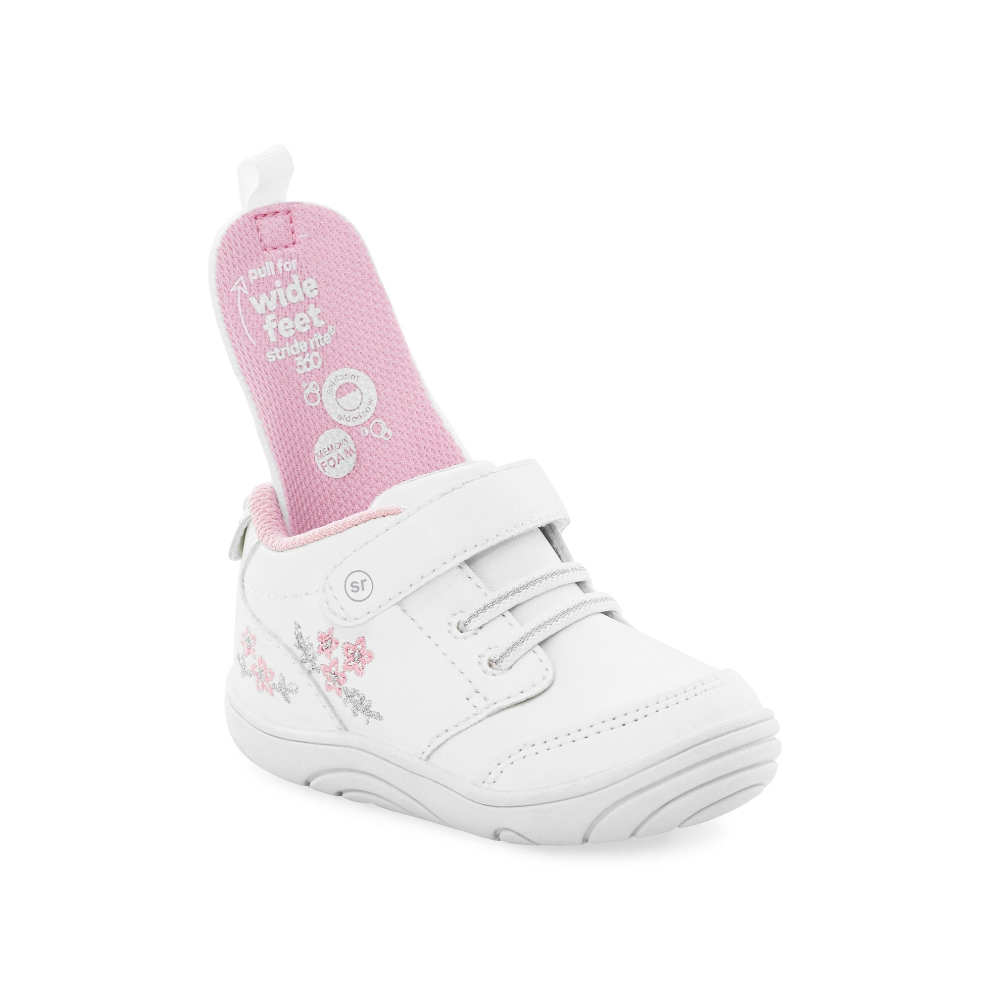 Angled view of Stride Rite Taye 2.0 Pink toddler shoe with memory foam insert partially removed, showcasing the cushioned, removable insole for added comfort and support.