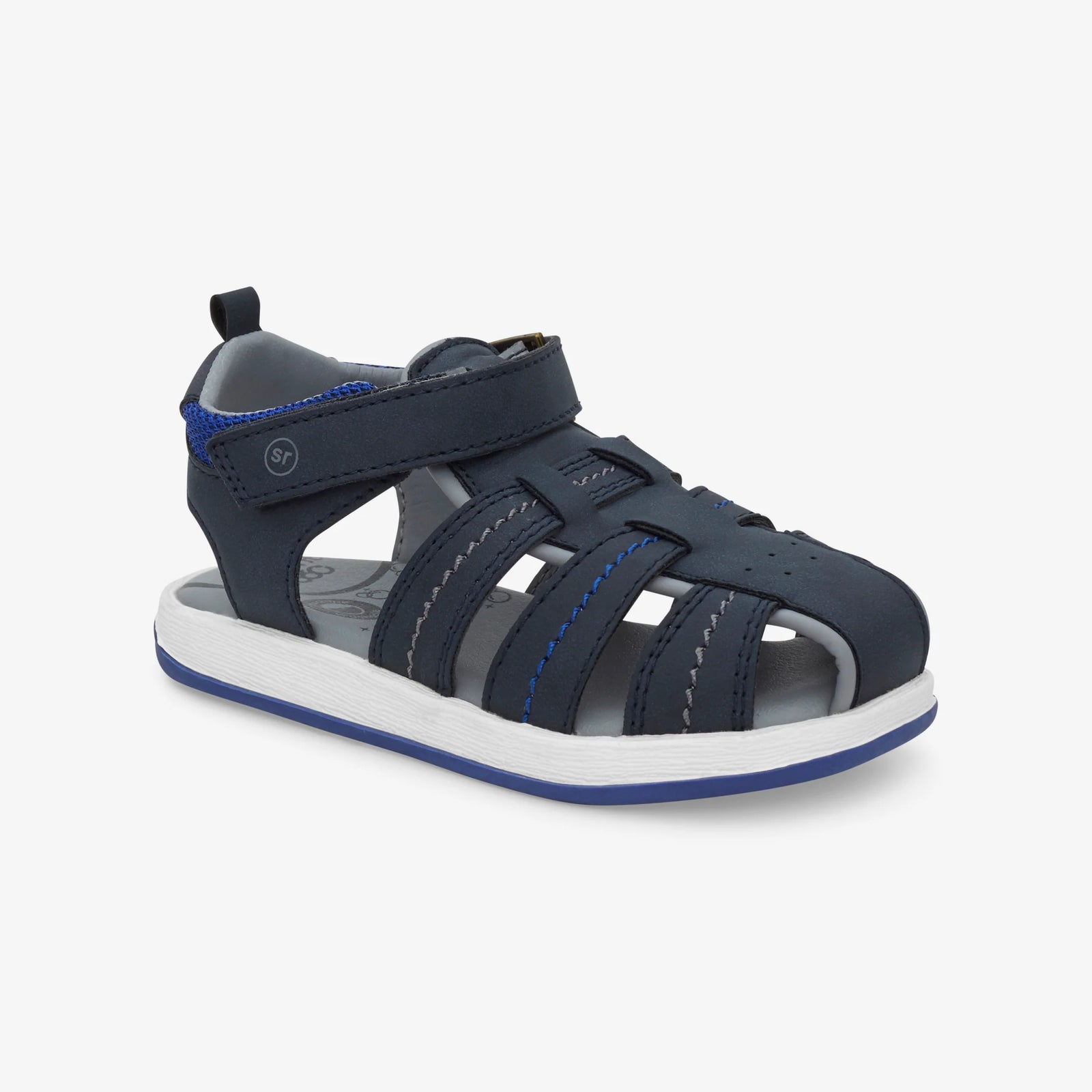 Angled view of the Stride Rite Paddy Sandal in navy, emphasizing its stylish yet functional design for active kids.