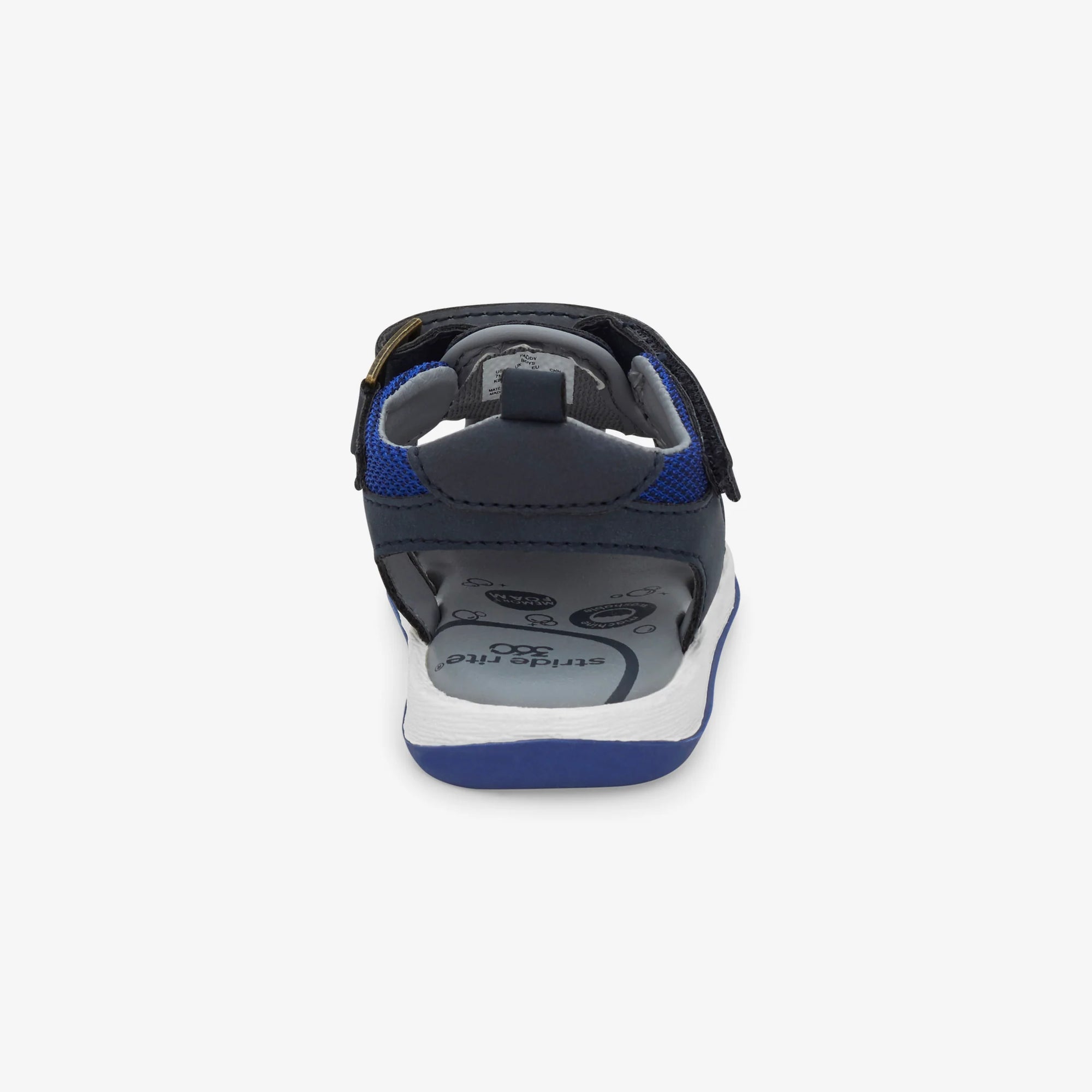 Back view of the Stride Rite Paddy Sandal in navy, highlighting the cushioned heel support and secure fit.