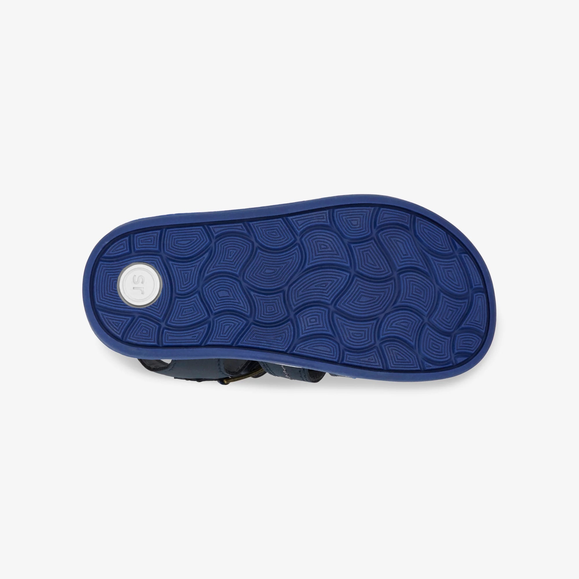 Bottom sole of the Stride Rite Paddy Sandal in navy, showcasing its grippy, non-slip traction for safe walking