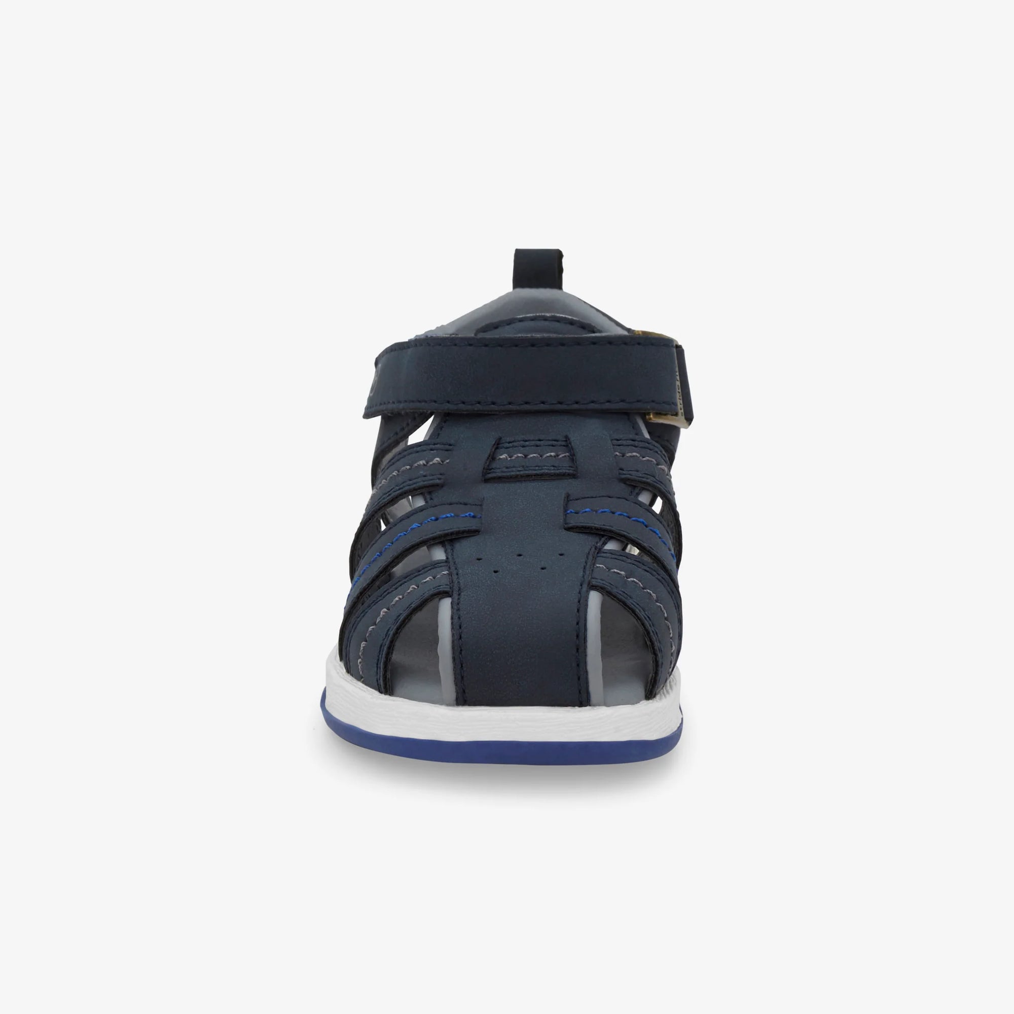 Front view of the Stride Rite Paddy Sandal in navy, featuring adjustable straps and a durable sole for kids.