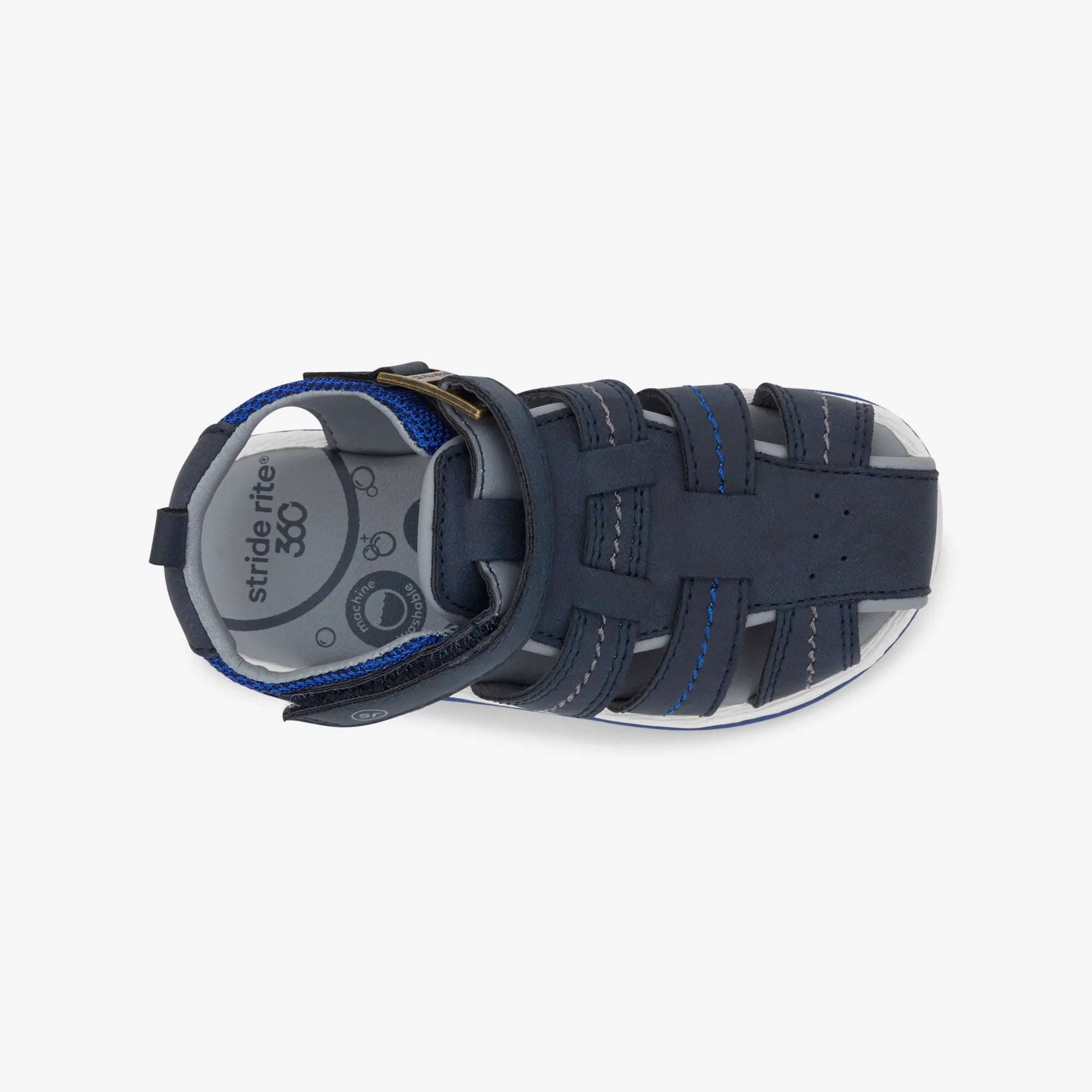Top view of the Stride Rite Paddy Sandal in navy, displaying the open-toe design and breathable construction.